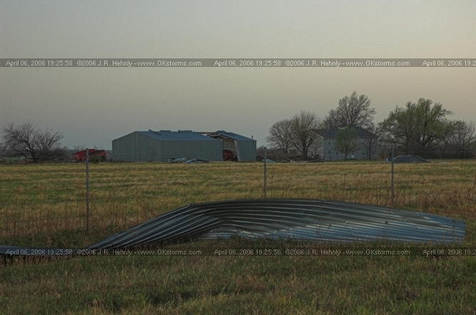 April 6, 2006 - Northeast Oklahoma and Southeast Kansas 12 miles west of Parsons, KS - Apparent tornado damage to a barn.
 - 20060406_192558.jpg