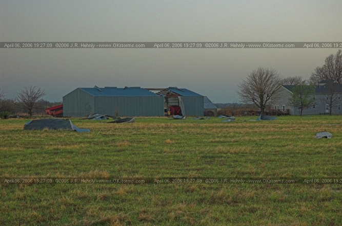 April 6, 2006 - Northeast Oklahoma and Southeast Kansas 12 miles west of Parsons, KS - Apparent tornado damage to a barn.
 - 20060406_192709.jpg