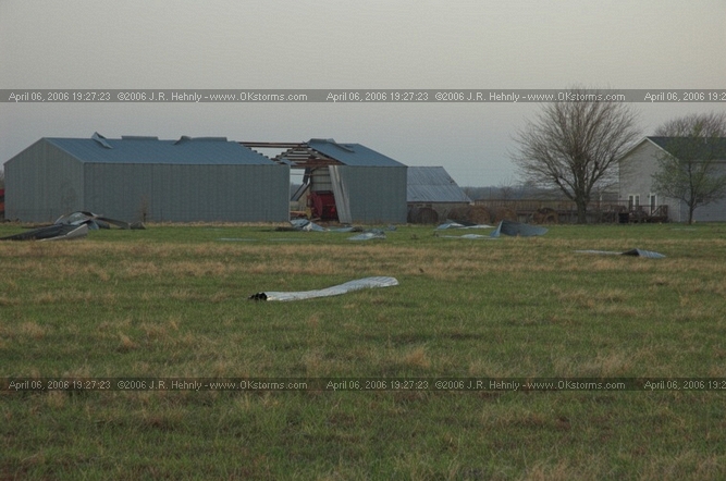April 6, 2006 - Northeast Oklahoma and Southeast Kansas 12 miles west of Parsons, KS - Apparent tornado damage to a barn.
 - 20060406_192723.jpg