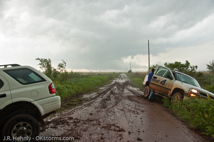Slick roads put me and a channel 4 chasr in the ditch.