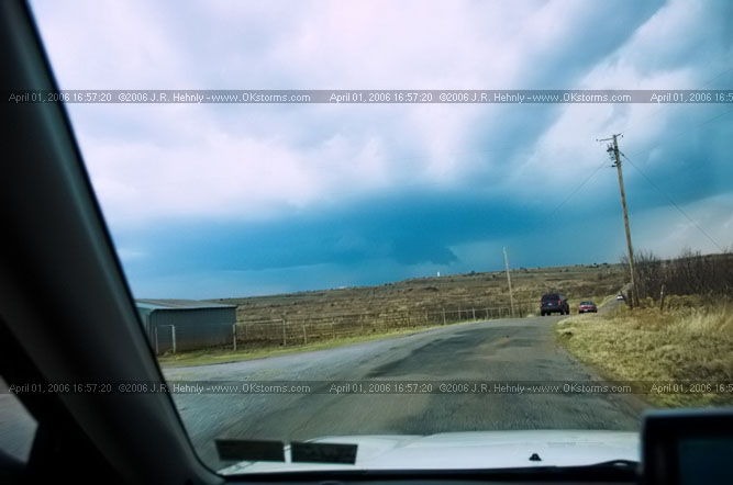 April 1, 2006 - Shamrock, Texas and Western Oklahoma 16 miles south of Sayre, OK, Wall cloud visible to the west.
 - 20060401_165720.jpg