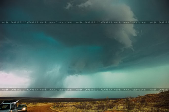 April 1, 2006 - Shamrock, Texas and Western Oklahoma 10 miles south of Sayre, OK - Storm becomes outflow dominant and cool air rushes out, cutting off inflow.
 - 20060401_172127.jpg