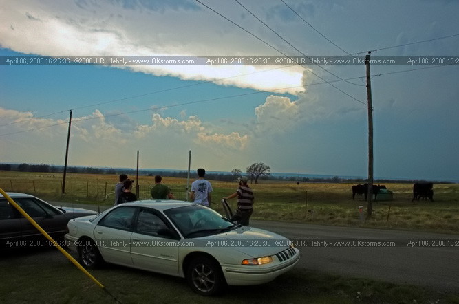April 6, 2006 - Northeast Oklahoma and Southeast Kansas Southeast of Copan, OK - Tornado warned storm to our west, only a wall cloud is seen.
 - 20060406_162636.jpg