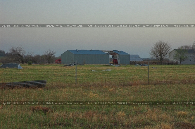 April 6, 2006 - Northeast Oklahoma and Southeast Kansas 12 miles west of Parsons, KS - Apparent tornado damage to a barn.
 - 20060406_192753.jpg