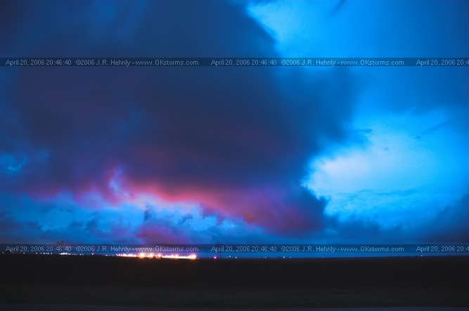 April 20, 2006 - West Texas, Lamesa East of Lamesa, TX - Clouds, illuminated by the city of Lamesa, show the incredible shear in the area. Any rising motion is accompanied by some intense twisting motions. 
 - 20060420_204640.jpg