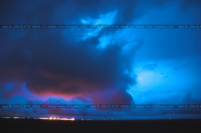 April 20, 2006 - West Texas, Lamesa East of Lamesa, TX - Clouds, illuminated by the city of Lamesa, show the incredible shear in the area. Any rising motion is accompanied by some intense twisting motions. 
 - 20060420_204709.jpg