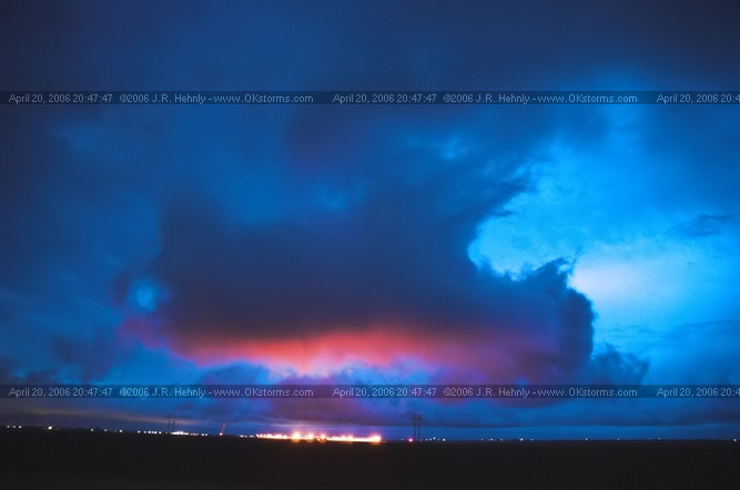April 20, 2006 - West Texas, Lamesa East of Lamesa, TX - Clouds, illuminated by the city of Lamesa, show the incredible shear in the area. Any rising motion is accompanied by some intense twisting motions. 
 - 20060420_204747.jpg