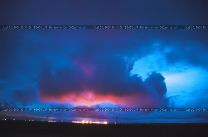 April 20, 2006 - West Texas, Lamesa East of Lamesa, TX - Clouds, illuminated by the city of Lamesa, show the incredible shear in the area. Any rising motion is accompanied by some intense twisting motions. 
 - 20060420_204806.jpg