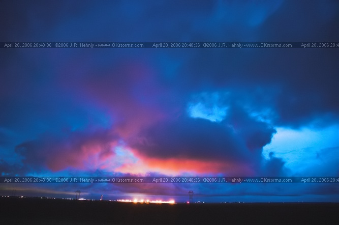 April 20, 2006 - West Texas, Lamesa East of Lamesa, TX - Clouds, illuminated by the city of Lamesa, show the incredible shear in the area. Any rising motion is accompanied by some intense twisting motions. 
 - 20060420_204836.jpg