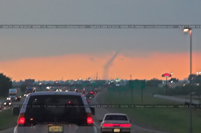 April 24, 2006 - North and Central Oklahoma, El Reno Tornado West Oklahoma City - I can finally see the second tornado in El Reno, it is 23 miles away.
 - 20060424_193823.jpg